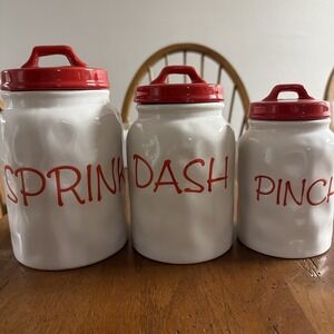 3 White Ceramic Canisters Set Red Lids Sprinkle Dash & Pinch Christmas Holiday